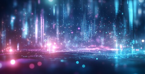 Abstract digital cityscape with vibrant neon lights and glowing particles creating a futuristic and energetic urban atmosphere for technology and innovation concepts