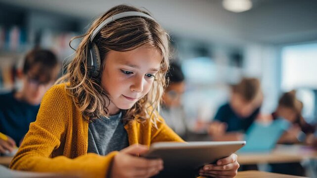 Personalized learning solutions, interactive digital tools, learners using AI to customize their education, modern classroom, adaptive learning solution