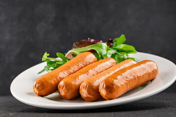 Sausage vegetarian soy meat plant-based food fast food natural tasty appetizer fresh gourmet food background on the table rustic top view copy space keto or paleo diet vegetarian or vegan food