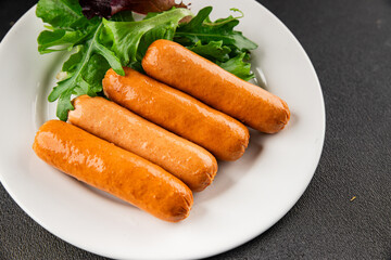 Sausage vegetarian soy meat plant-based food fast food natural tasty appetizer fresh gourmet food background on the table rustic top view copy space keto or paleo diet vegetarian or vegan food