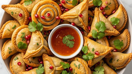 Delicious arrangement of pastries with various shapes, served with sauce and garnished with fresh herbs