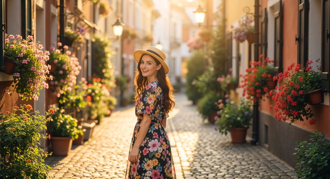 Happy woman in floral dress and hat walking on a European street. Smiling tourist exploring a cobblestone alley during summer vacation