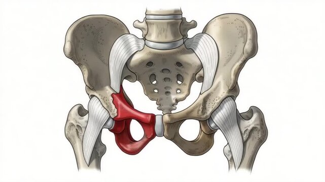  video of a human pelvic bone anatomy, pubic symphysis highlighted in red