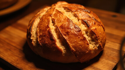 Freshly baked artisan bread loaf on a wooden cutting board, ready to eat