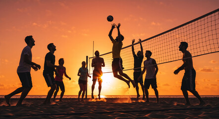 Silhouettes of men playing beach volleyball at sunset. Active group of friends enjoying a game on the sand during golden hour. Summer sport and teamwork concept