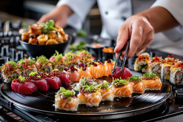Sushi chef preparing an assortment of colorful sushi on a platter in a restaurant kitchen