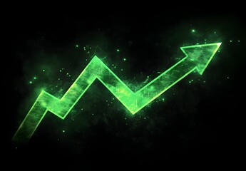 Abstract glowing green upward trending arrow graph with sparkling particles on a dark background representing financial growth and positive market performance
