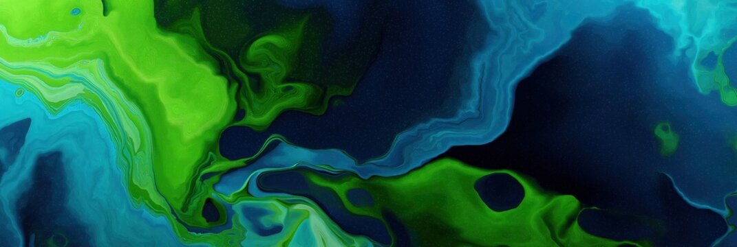Abstract fluid art with blue and green swirls and patterns