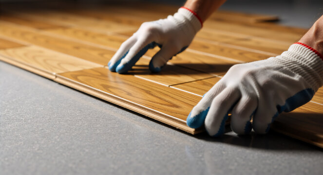 Worker hands in protective gloves installing laminate flooring planks. Construction and home renovation concept with wood texture