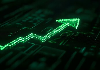 Abstract digital representation of a vibrant green upward trending arrow composed of luminous particles on a dark technological background symbolizing growth and progress