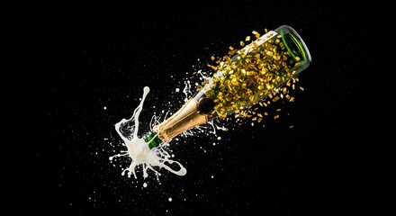 Celebrate New Year's Eve with popping champagne and golden confetti on dramatic black background for elegant party invitations
