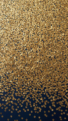 Festive gold background. Gold sequins scattered across a dark navy blue background. Space for text. 