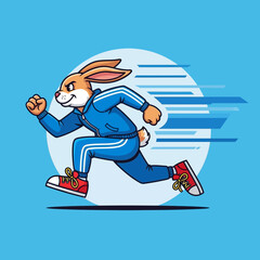 Energetic rabbit athlete sprints with determination wearing blue tracksuit and red shoes.