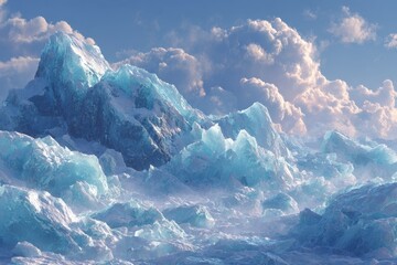 Chunks of blue ice sit on a snowy surface, possibly in Iceland or Antarctica during the daytime