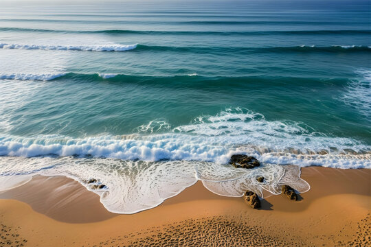 Aerial view of waves crashing on sandy beach with scattered rocks near 4k video