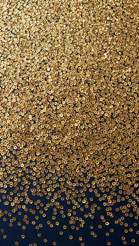 Festive gold background. Gold sequins scattered across a dark navy blue background. Space for text. 