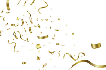 Golden confetti and streamers celebration background, Gold ribbon and confetti.