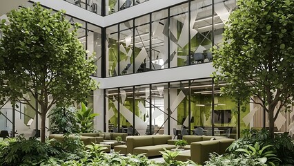 Modern biophilic office lobby with lush indoor greenery and natural light.