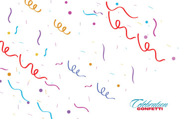 Colorful celebration confetti frame background, Glitter confetti frame background. Anniversary celebration banner. Bright festive tinsel. Birthday party backdrop. Holiday design.