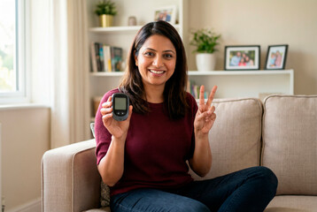 Smiling south asian woman sitting on a couch at home holding a blood glucose meter and showing a peace sign, symbolizing diabetes management and control