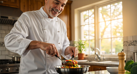 Smiling senior chef cooking fresh vegetables in a kitchen. Happy man preparing a healthy meal in a pan