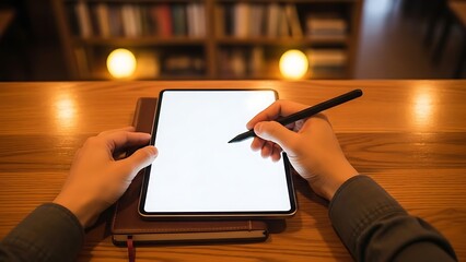 Person using a digital tablet with a stylus in a cozy workspace.