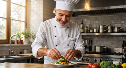 Smiling mature chef cooking in a professional kitchen. Happy senior cook preparing a fresh gourmet salad. Culinary professional at work with fresh ingredients