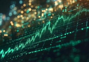 Abstract glowing green financial market data graph with bokeh lights representing economic growth and investment trends in a modern digital world