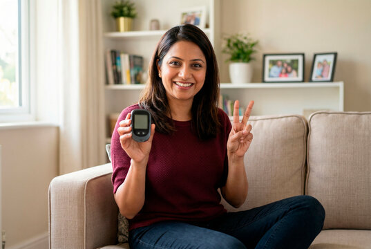 Smiling south asian woman sitting on a couch at home holding a blood glucose meter and showing a peace sign, symbolizing diabetes management and control - Powered by Adobe