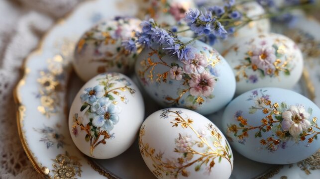 Beautifully decorated Easter eggs with floral designs on a plate