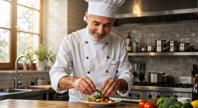 Smiling mature chef cooking in a professional kitchen. Happy senior cook preparing a fresh gourmet salad. Culinary professional at work with fresh ingredients