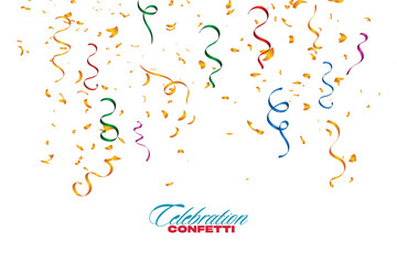 Colorful celebration confetti frame background, Glitter confetti frame background. Anniversary celebration banner. Bright festive tinsel. Birthday party backdrop. Holiday design.