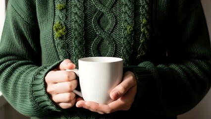 Hands in a cozy green cable-knit sweater holding a warm white mug.