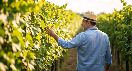 Male winemaker inspecting vines in a sunny vineyard. Farmer touching grape leaves. Agriculture concept