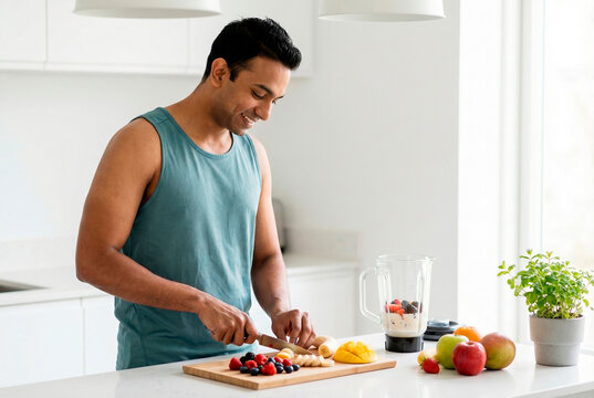Smiling man in tank top preparing fresh fruit smoothie ingredients on a wooden cutting board in a bright modern kitchen