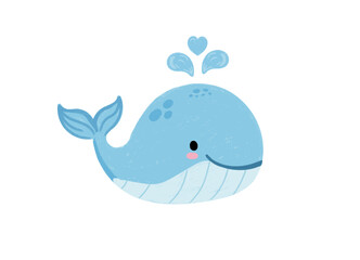Cute cartoon blue whale spouting water isolated on white background