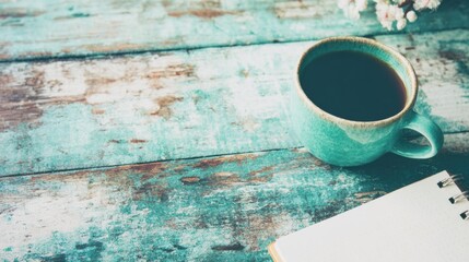 Coffee cup and notebook on rustic wooden table in cozy setting