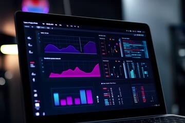 Close up of a modern laptop screen displaying complex financial data charts and graphs in a dimly lit environment with glowing blue and purple hues