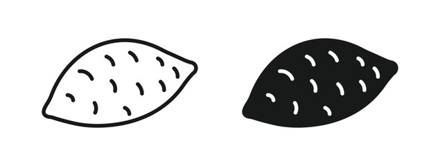 Sweet potato icon set in outline and silhouette style, symbolizing vegetables, healthy food, nutrition, and natural produce, vector illustration.