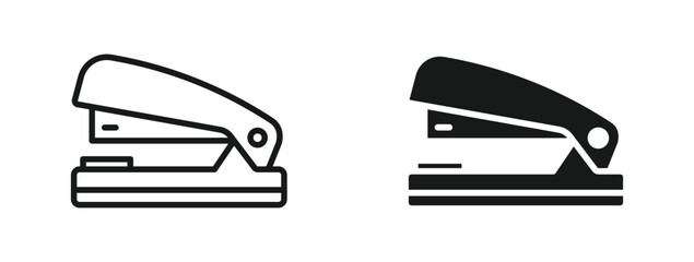 Stapler icon set in outline and silhouette style, representing office supplies, paperwork organization, and document fastening, vector illustration.