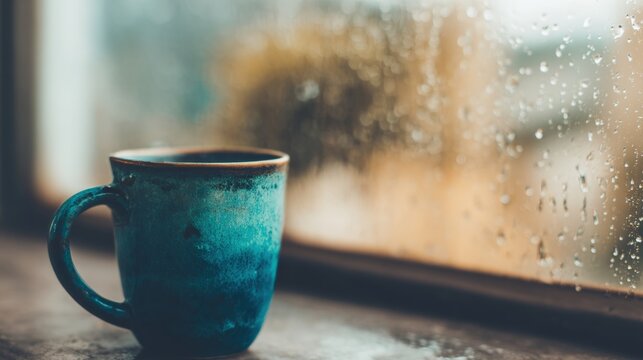 Raindrops on window with a blue mug placed on the wooden surface