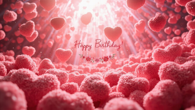 Happy birthday greeting with floating hearts and floral accents