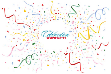 Colorful confetti celebration background, Anniversary celebration banner. Bright festive tinsel. Birthday party backdrop. Holiday design elements. Vector illustration.