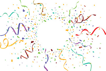 Colorful confetti celebration background, Anniversary celebration banner. Bright festive tinsel. Birthday party backdrop. Holiday design elements. Vector illustration.