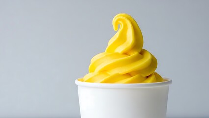 Refreshing yellow soft serve ice cream in a white cup.