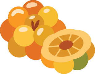 Stylized vector illustration of aggregate fruit orange berries with half cut open view showing segments