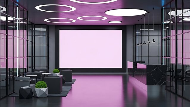 Modern futuristic office lobby interior with blank screen and pink neon lighting. - Powered by Adobe