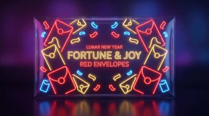 neon glow packaging sleeve design for red envelopes flying with confetti with symmetrical balanced composition