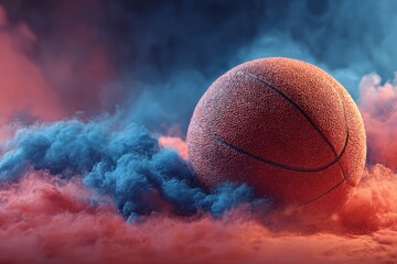 Basketball resting among vibrant red and blue smoke, creating an artistic and dynamic visual