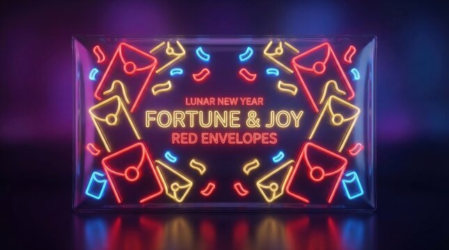 neon glow packaging sleeve design for red envelopes flying with confetti with symmetrical balanced composition